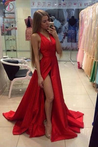 Sexy V-Neck Sleeveless Red Prom Gown with Side Slit,Sweep Train Split Red Dresses KPP0395