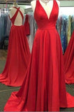 Sexy V-Neck Sleeveless Red Prom Gown with Side Slit,Sweep Train Split Red Dresses KPP0395