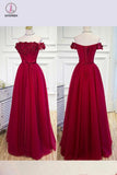 Burgundy Off the Shoulder Floor Length Prom Dress with Hand Made Flowers Belt KPP0397
