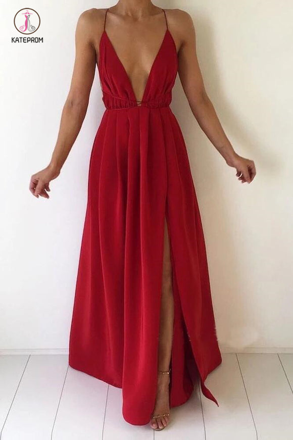 Red Deep V-neck Chiffon Backless Prom Dress with Slit,Sexy Evening Dresses,Maxi Dress KPP0400