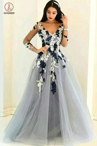 A-line V-neck Long Sleeves Tulle Prom Dress with Appliques,Cheap Prom Gown KPP0399