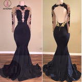 Black Mermaid Long Sleeves Gold Lace Appliques See Through Prom Evening Gowns KPP0402