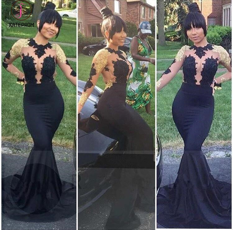 Black Mermaid Long Sleeves Gold Lace Appliques See Through Prom Evenin kateprom Black Mermaid Long Sleeves Gold Lace Appliques See Through Prom Evenin kateprom