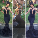 Black Mermaid Long Sleeves Gold Lace Appliques See Through Prom Evening Gowns KPP0402
