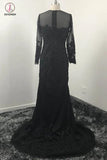 Black Mermaid Dresses Long Sleeves Lace Appliques Sheer Jewel Neck Prom Dress KPP0404
