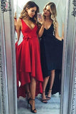 Simple Red High Low V-neck Sleeveless Party Dress,Cheap Sexy Navy Blue Prom Dress KPP0405