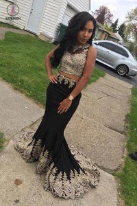 Black Two Piece Sleeveless Mermaid Long Prom Dresses with Lace Appliques KPP0407