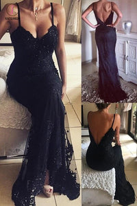 Vintage Mermaid Black Long Beaded Lace Appliques V-Neck Prom Dresses KPP0408