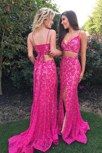 Fuchsia Two Piece Mermaid Spaghetti Straps Lace Split Prom Dress,Sexy Party Dress KPP0409