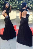 Black Lace Mermaid Prom Dresses,Open Back Cap Sleeve Long Prom Gown KPP0410