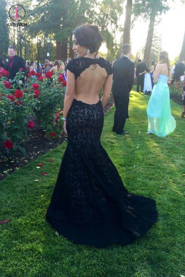 strapless open back dress Black Lace Mermaid Prom Dresses,Open Back Cap Sleeve Long Prom Gown KP –  kateprom