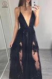 Sexy Deep V neck Black Lace Prom Dress,Spaghetti Straps Floor-Length Evening Dress KPP0413