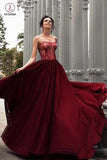 A-Line Strapless Burgundy Long Prom Dress With Lace,Charming Evening Dress KPP0416