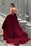 A-Line Strapless Burgundy Long Prom Dress With Lace,Charming Evening Dress KPP0416