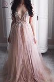 A-line V neck Long Tulle New Arrival Appliques Prom Dresses with Beads,Party Dress KPP0418