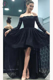 High-Low Black Off the Shoulder Long Sleeves Lace Prom Dress,Sexy Lace Party Gown KPP0419