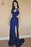 Cheap Mermaid Jewel Sweep Train Open Back Long Prom Dress with Side Slit KPP0420