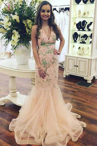 Sexy V-neck Sleeveless Mermaid Tulle Long Prom Dress with Appliques KPP0421