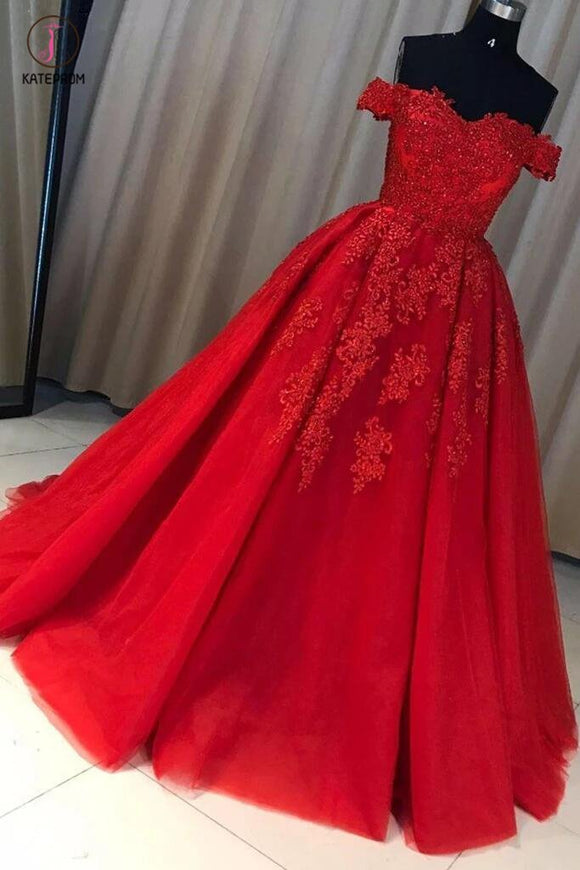 A-line Red Off the Shoulder Prom Dress with Lace Appliques,Long Tulle Evening Gown KPP0422