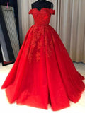 A-line Red Off the Shoulder Prom Dress with Lace Appliques,Long Tulle Evening Gown KPP0422