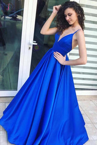 A-Line Royal Blue Spaghetti Straps Satin Prom Dress with Pleats,Graduation Gown KPP0423