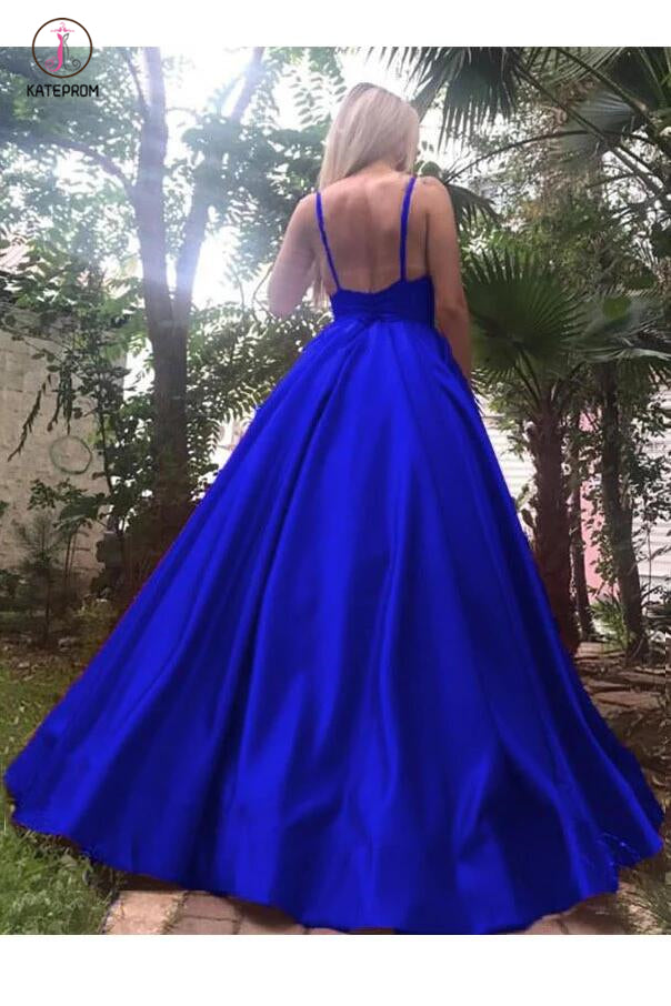 A-Line Royal Blue Spaghetti Straps Satin Prom Dress with Pleats,Gradua   kateprom