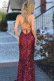 Spaghetti Straps Burgundy Mermaid Backless Long Sparkly Sequins Prom Dresses KPP0425