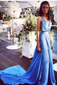 Blue Sleeveless V Neck Long Prom Dress,Split Court Train Evening Dresses KPP0426
