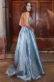 Light Blue Spaghetti Straps V Neck Beading Prom Dress,Long Backless Evening Gown KPP0427