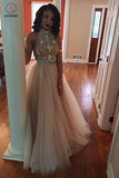 Two Piece A-Line Ivory Sleeveless High Neck Tulle Beading Long Prom Dresses KPP0429