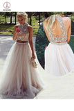 Two Piece A-Line Ivory Sleeveless High Neck Tulle Beading Long Prom Dresses KPP0429