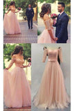 Shiny Pink Off the Shoulder Half Sleeves Sash Bow Beads Pearls Tulle Prom Dresses KPP0431