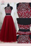 A-Line Sleeveless Burgundy Jewel Tulle Beading Floor-Length Two Piece Dresses KPP0434