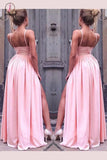 Simple A-Line Sleeveless Straps Floor-Length Ruched Slit Chiffon Prom Dresses KPP0435
