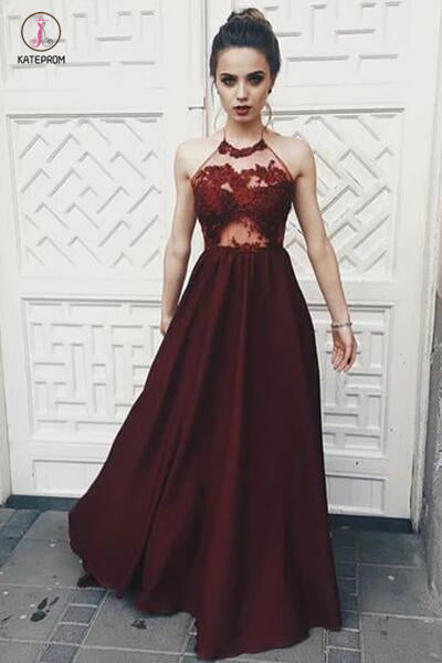 A-line Sexy Halter Sleeveless Dark Red Illusion Bodice Long Prom Dress with Lace KPP0439