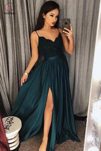 Jade Spaghetti Straps V neck Split Prom Dress with Lace,Maxi High Split Evening Gowns KPP0440