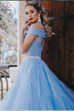 Two Piece A-line Off the Shoulder Open Back Light Blue Long Prom Dress with Beads KPP0441
