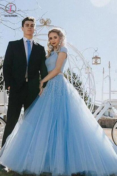 Two Piece A-line Off the Shoulder Open Back Light Blue Long Prom Dress   kateprom