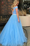 Two Piece A-line Off the Shoulder Open Back Light Blue Long Prom Dress with Beads KPP0441