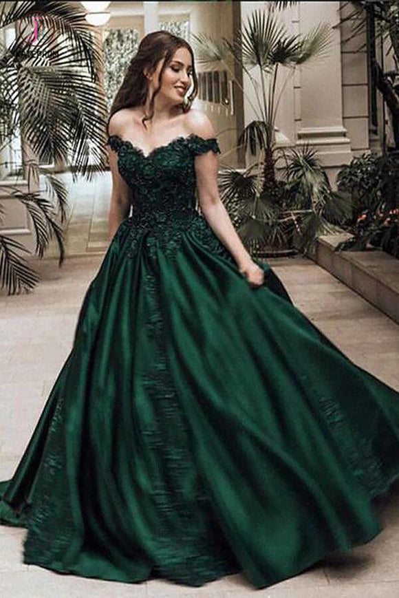 Dark Green Ball Gown Off-the-Shoulder Floor-Length Appliques Satin Prom Dresses KPP0442
