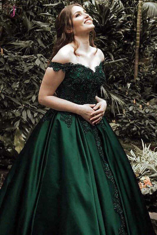Dark Green Ball Gown Off-the-Shoulder Floor-Length Appliques Satin Pro kateprom Dark Green Ball Gown Off-the-Shoulder Floor-Length Appliques Satin Pro kateprom