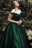 Dark Green Ball Gown Off-the-Shoulder Floor-Length Appliques Satin Prom Dresses KPP0442