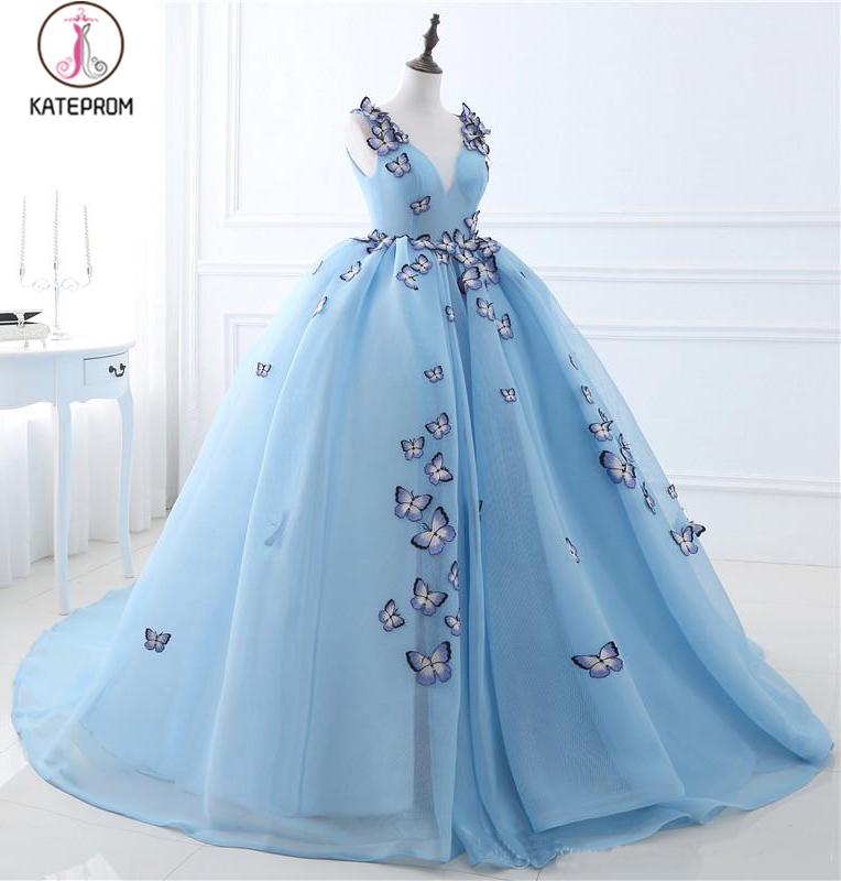 Sky Blue V-neck Butterfly Flowers Ball Gowns Long Prom Dress,Puffy Eve kateprom Sky Blue V-neck Butterfly Flowers Ball Gowns Long Prom Dress,Puffy Eve kateprom