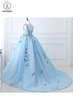 Sky Blue V-neck Butterfly Flowers Ball Gowns Long Prom Dress,Puffy Event Gowns KPP0489