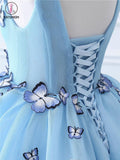 Sky Blue V-neck Butterfly Flowers Ball Gowns Long Prom Dress,Puffy Event Gowns KPP0489