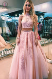 Two Piece Pink High Neck A Line Tulle Appliqued Prom Dress with Beading KPP0443
