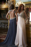 Ivory V Neck Chiffon Open Back Prom Dresses,Sparkly Long Prom Dress with Rhinstones KPP0444