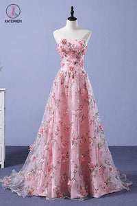 Cheap Pink Prom Dresses A-line Strapless Floral Long Prom Dress Elegant Party Dress KPP0447