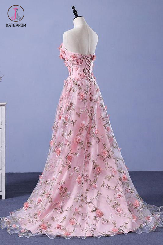 Cheap Pink Prom Dresses A-line Strapless Floral Long Prom Dress Elegan   kateprom