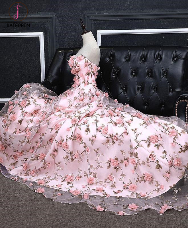 Cheap Pink Prom Dresses A-line Strapless Floral Long Prom Dress Elegan kateprom Cheap Pink Prom Dresses A-line Strapless Floral Long Prom Dress Elegan kateprom